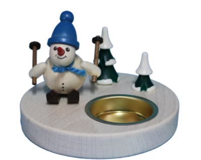 Schneemannleuchter Schneemann auf Ski mit blauer Mütze