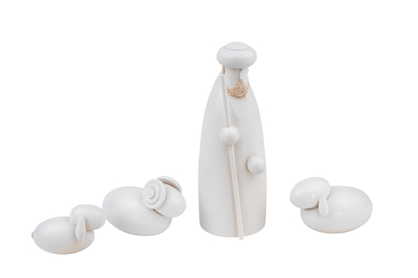 Krippenfiguren weiß Hirte stehend mit Schafen 12 cm 4-teilig