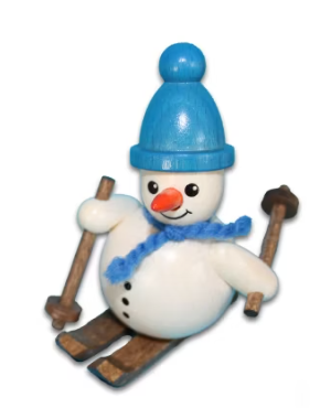 Schneemann mit Ski blaue Mütze