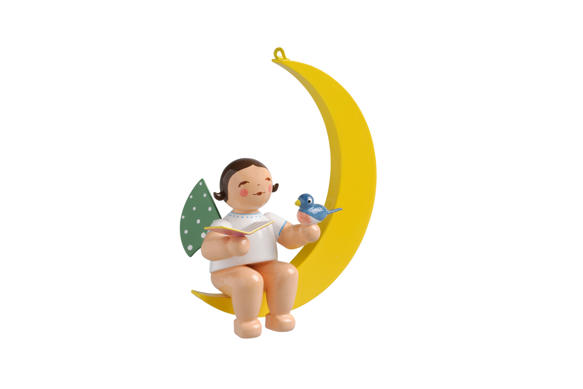 Engel mit Liederbuch und Vogel, im Mond