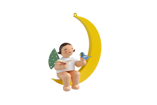 Engel mit Liederbuch und Vogel, im Mond