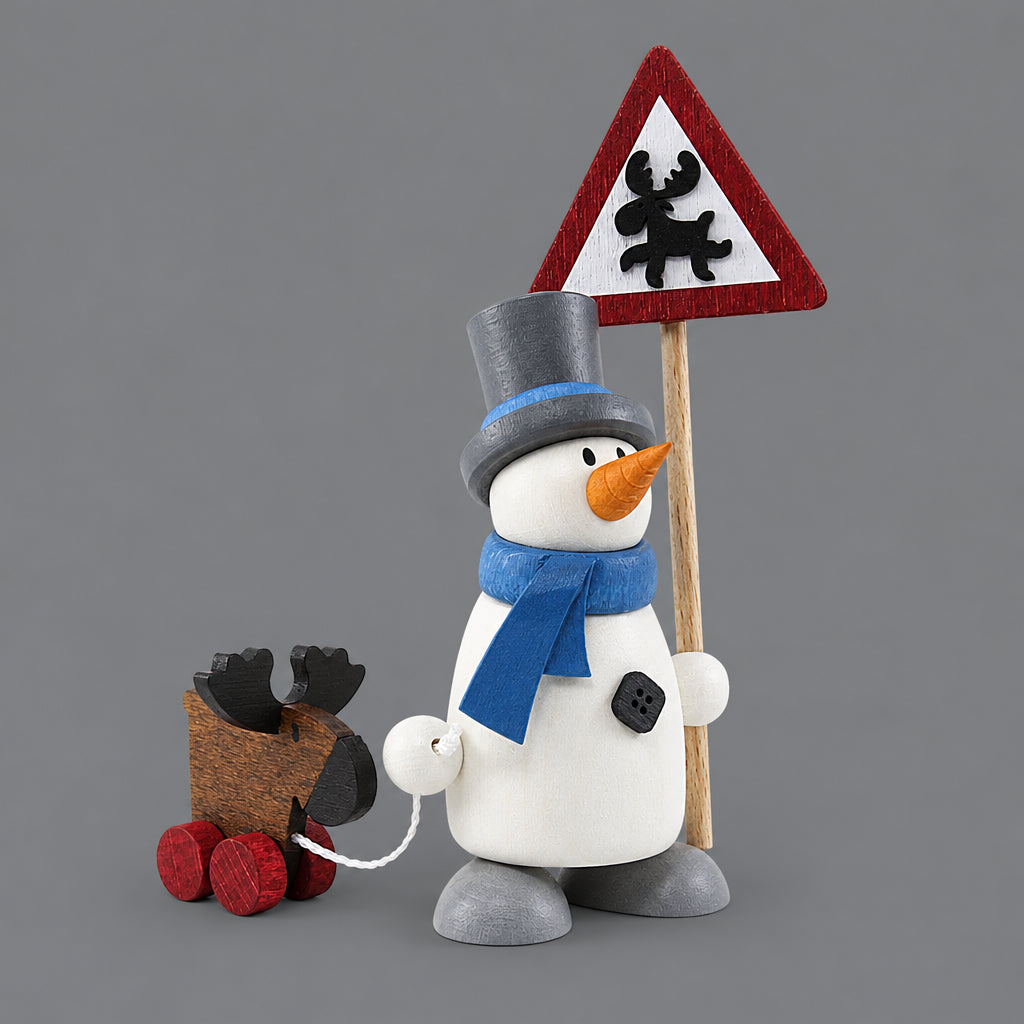 Schneemann Fritz mit Schild und Elch