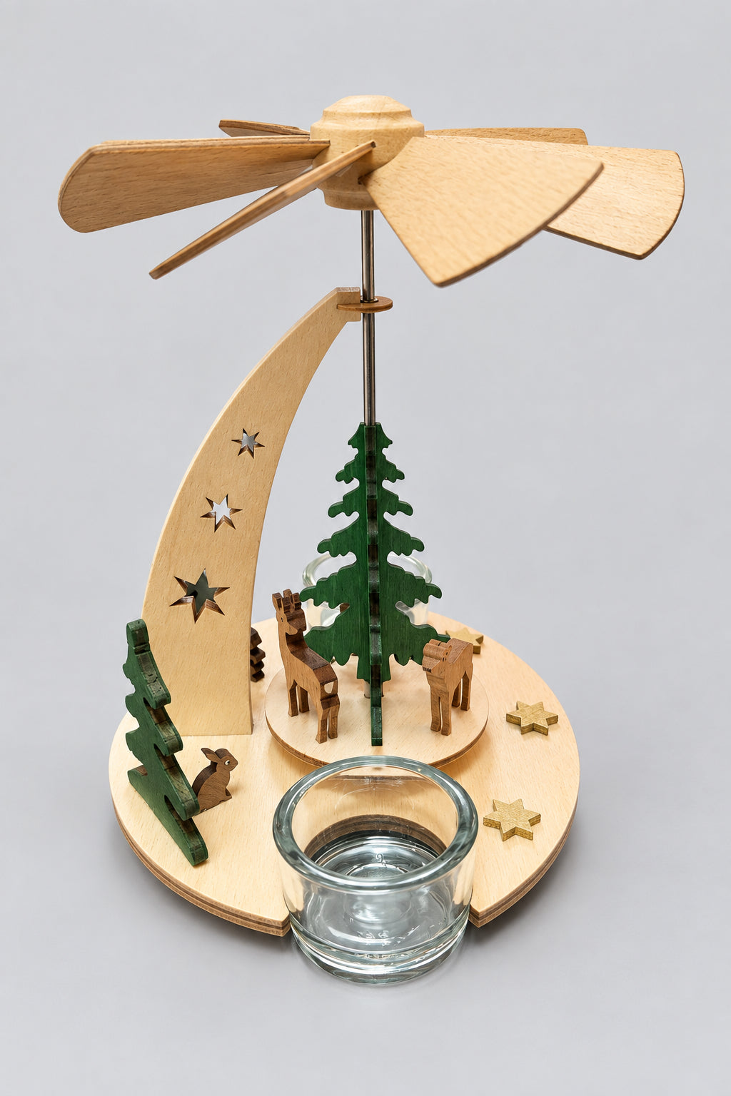 Teelichtpyramide mit Waldtieren, natur 1armig für 2 Teelichter Höhe ca. 18 cm